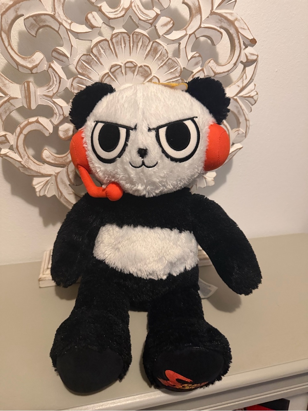 Build-A-Bear Black and White Panda Plush with Orange Headset